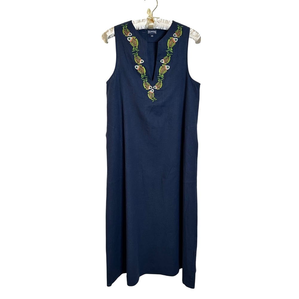Vilebrequin Sleeveless A Line Midi Dress Size XS Navy Blue Embroidered Fish